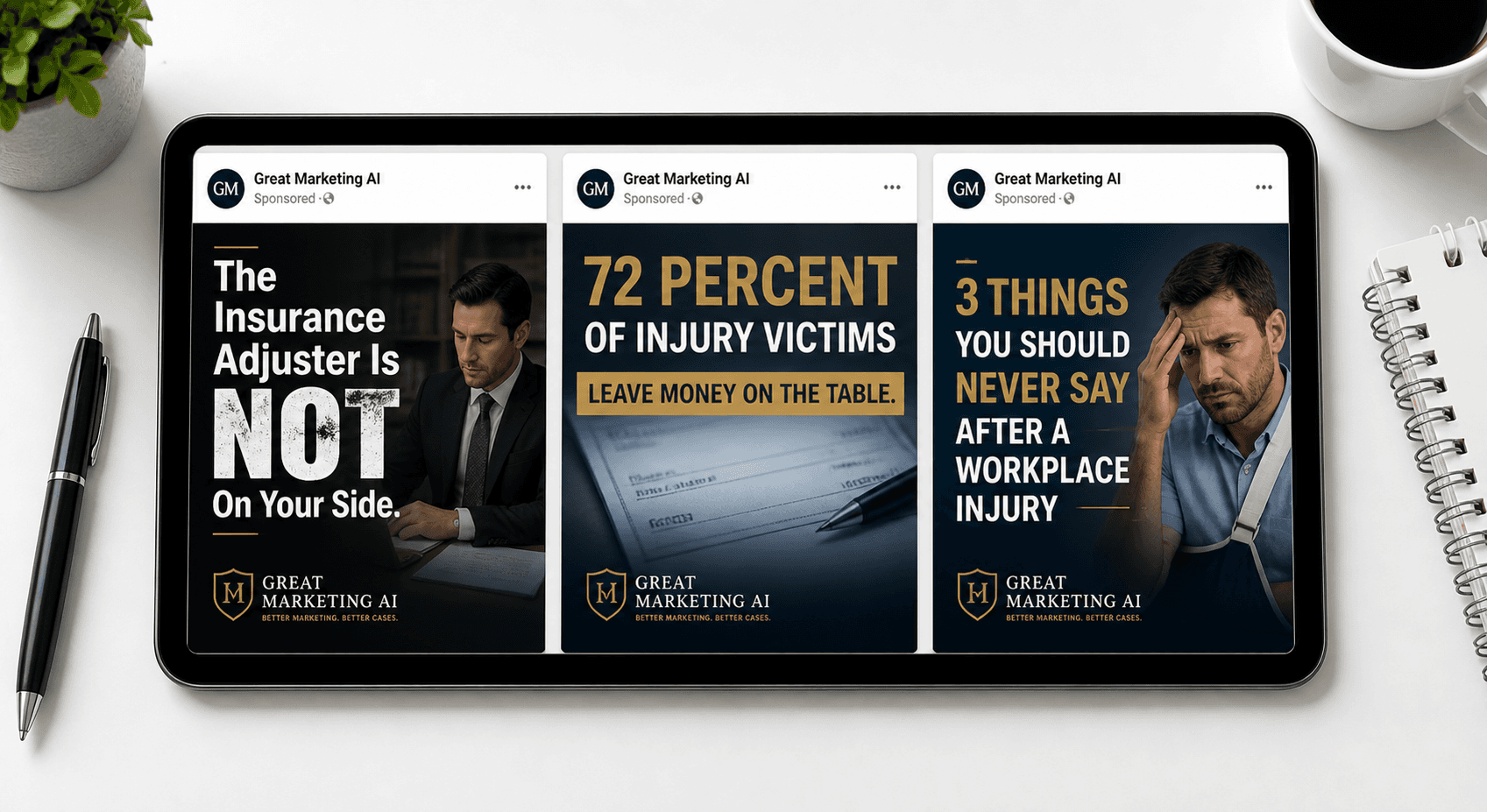 Three curiosity gap Facebook ad examples for law firms designed as facebook ads that convert using mystery hooks and myth-busting headlines
