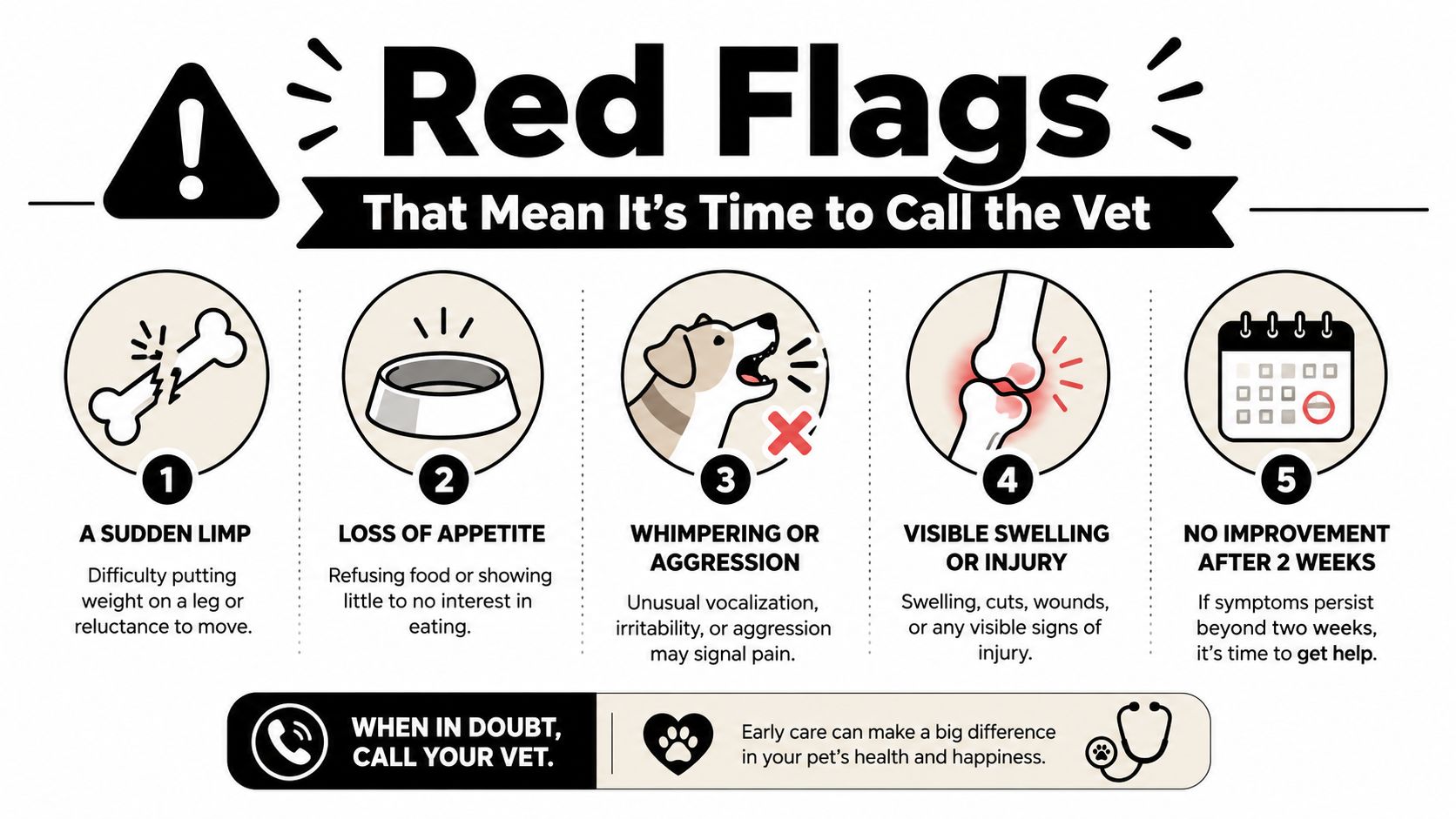 An infographic listing five common red flags that indicate a pet owner should contact their veterinarian.