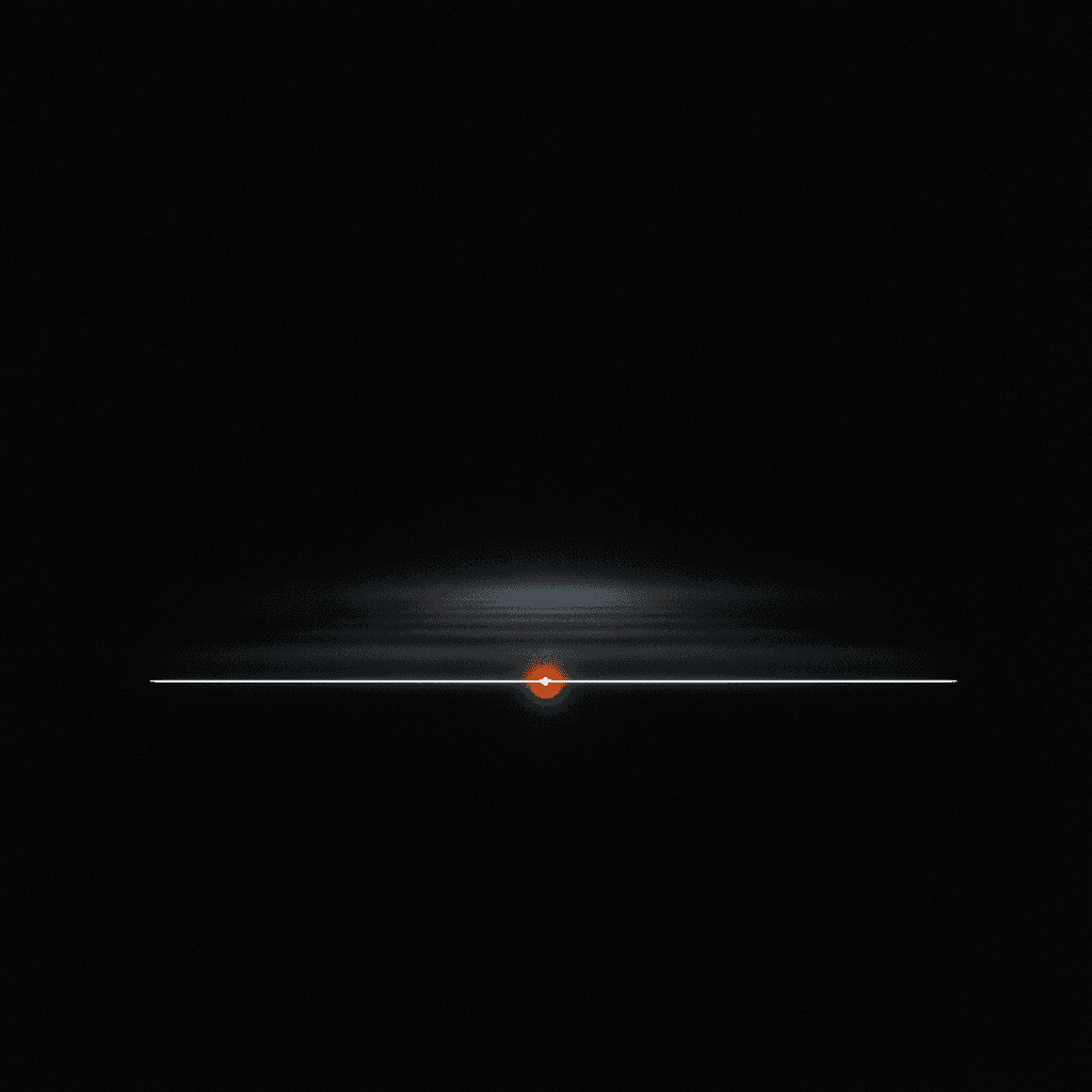 Single thin orange line bisecting deep black void, broken at center where measurement fails