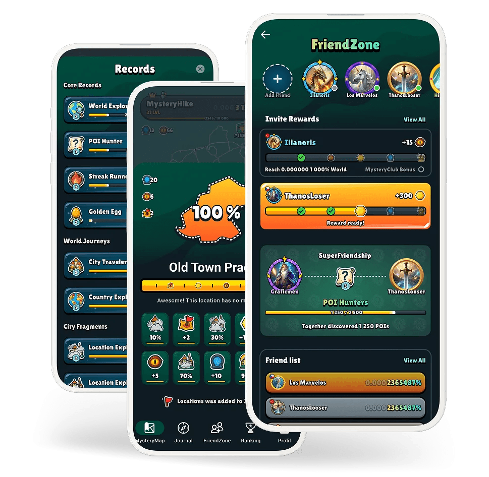 MysteryHike app showing FriendZone, Records and location progress