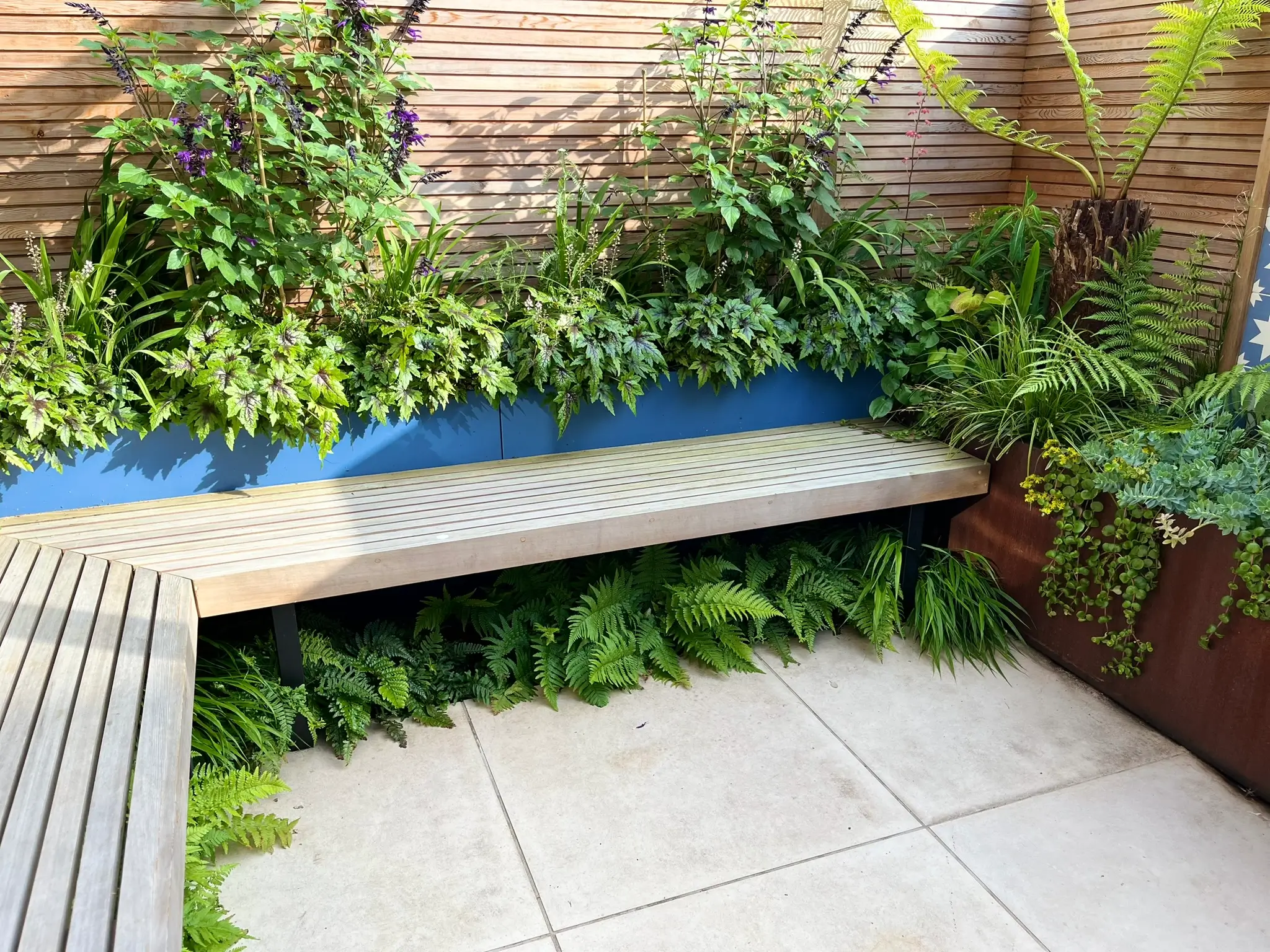 A cozy outdoor space featuring a bench surrounded by lush greenery and plants, creating a tranquil atmosphere.