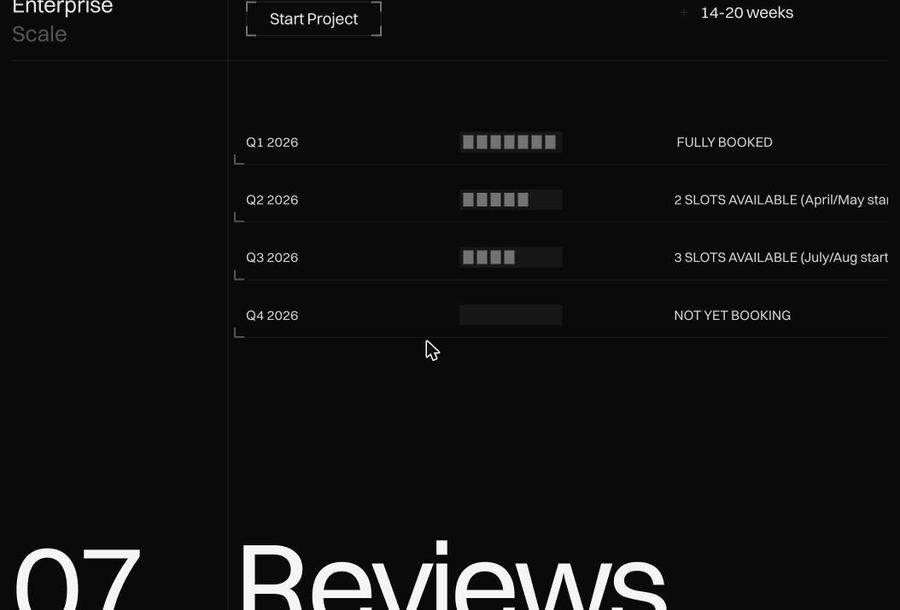 Version two quarterly availability board showing Q1 fully booked, Q2 two slots, Q3 three slots, Q4 not yet booking, above the Reviews section.