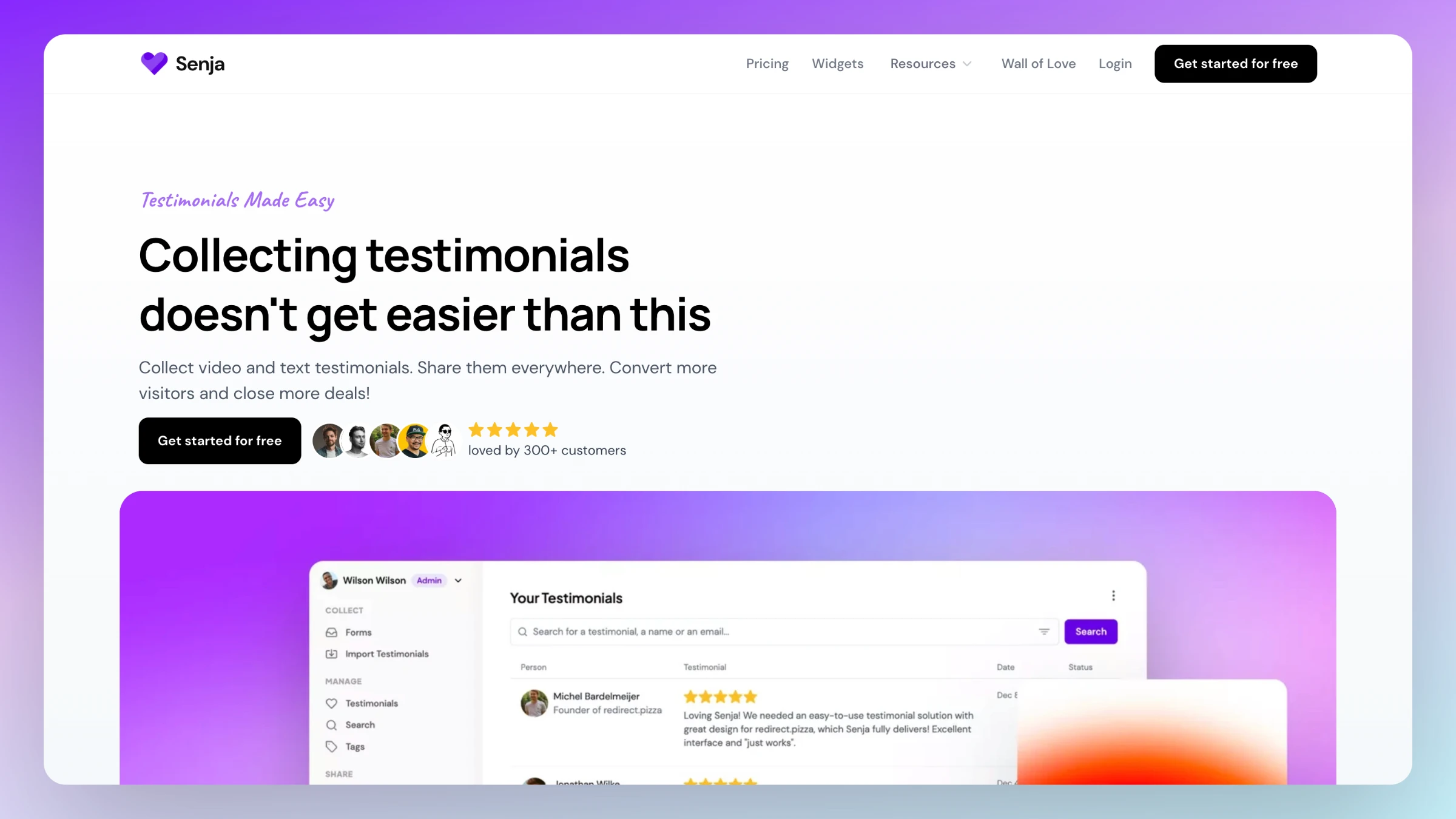 Senja example testimonial collection software