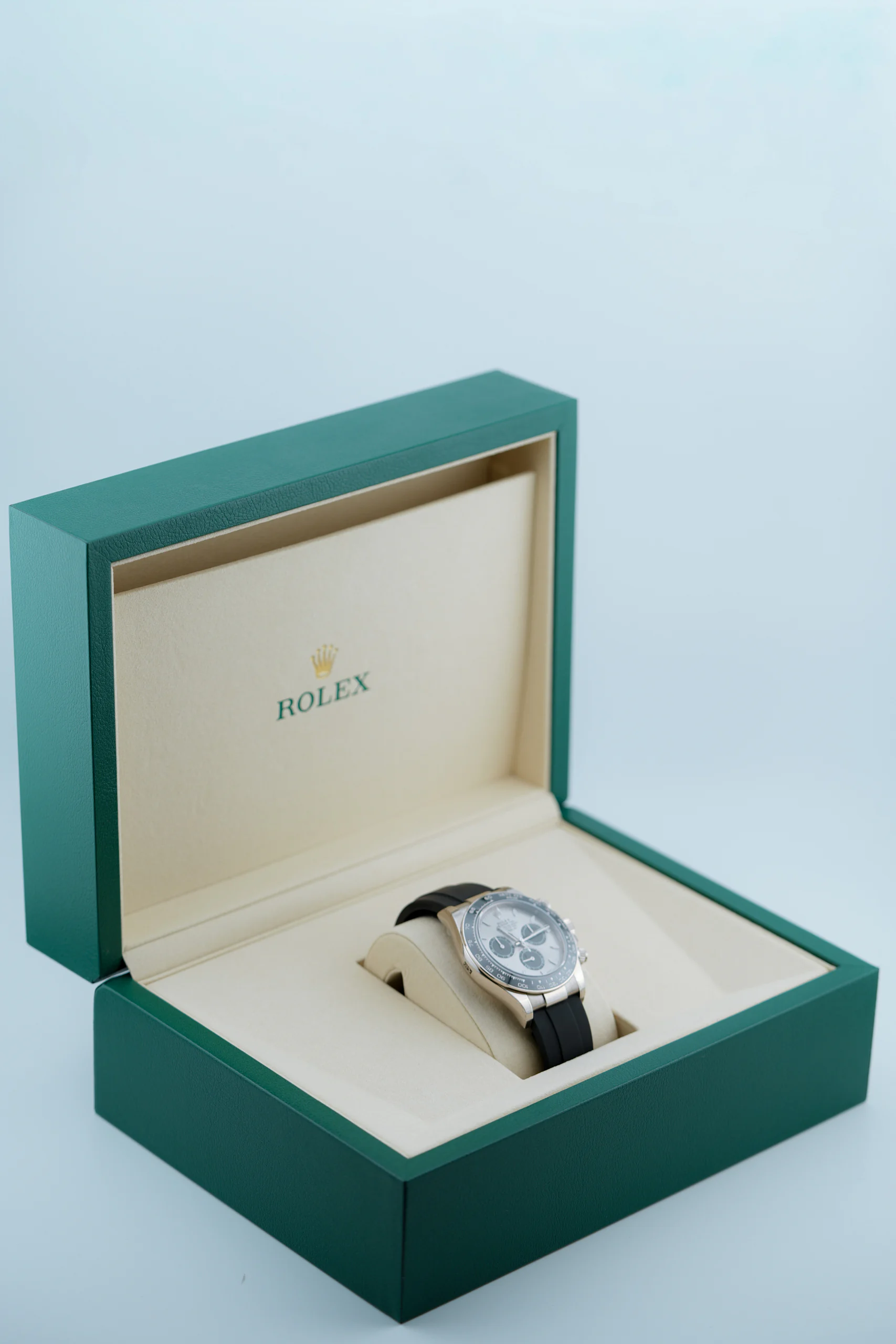 Buy the Rolex Daytona Ghost White Gold 116519LN in Dubai – shown in a presentation box