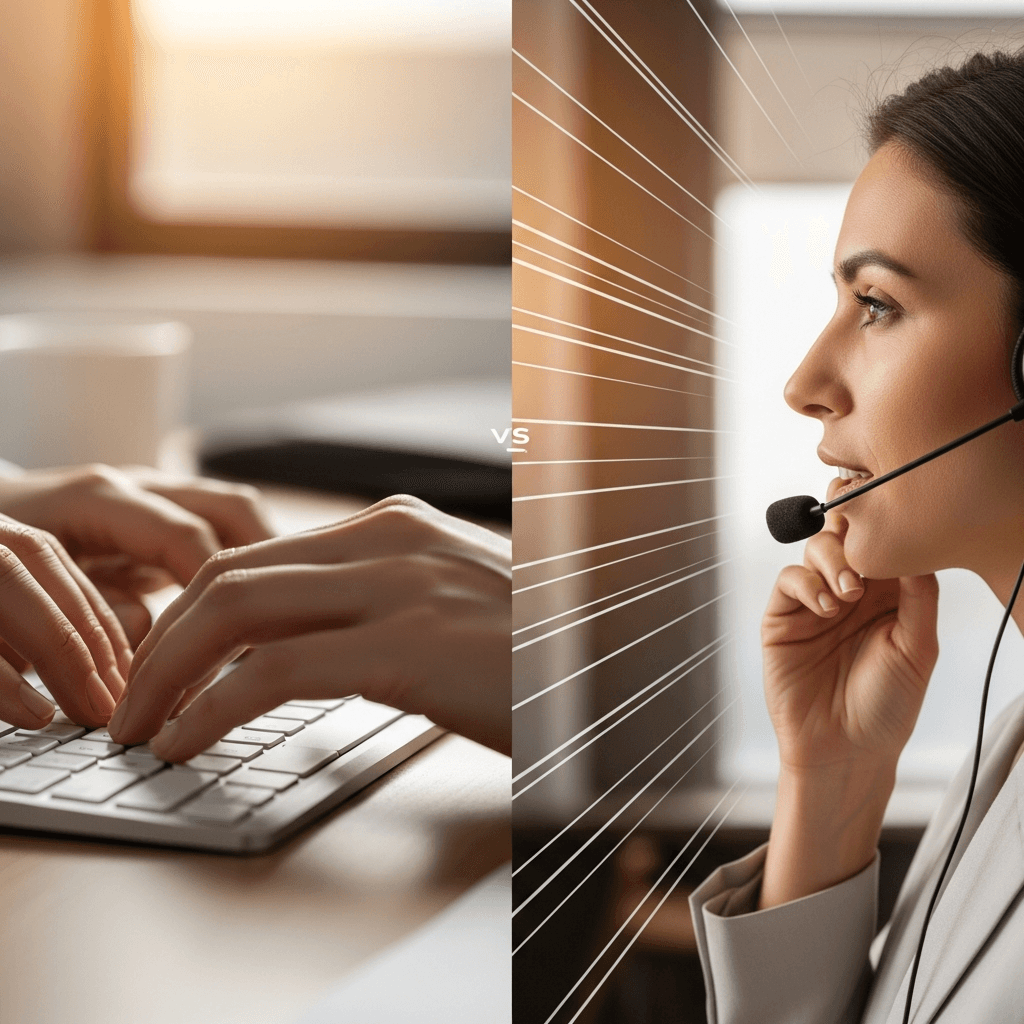 A professional split-screen comparison showing a modern attorney at work, one side shows hands typing on a keyboard moving slowly, the other side shows a person speaking naturally with a microphone headset, dynamic motion lines suggesting speed and efficiency, clean office environment, photorealistic style, warm lighting, productivity and efficiency theme