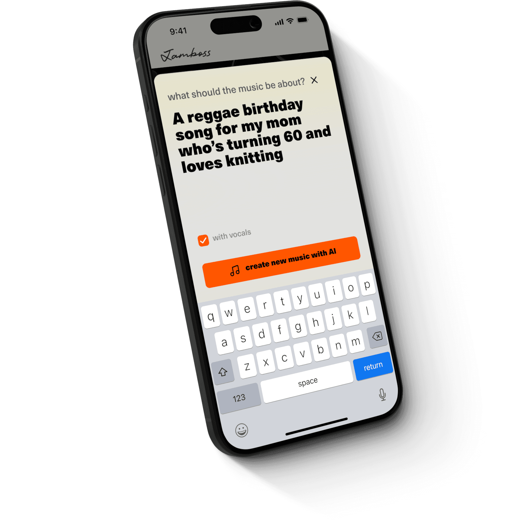 An image displaying the Jamboss app showing the text "What should the music be about" and below an example "A Reggae birthday song for my mom who's turning 60 and loves knitting", finally a button with the text "create new music with AI"