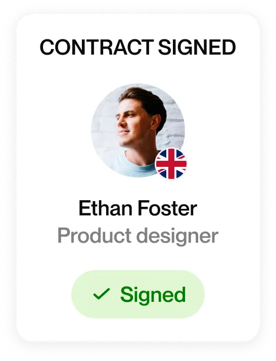 Talent card showing a talent's headshot, Project Designer, with a UK flag icon indicating his nationality. A button below says "Signed".