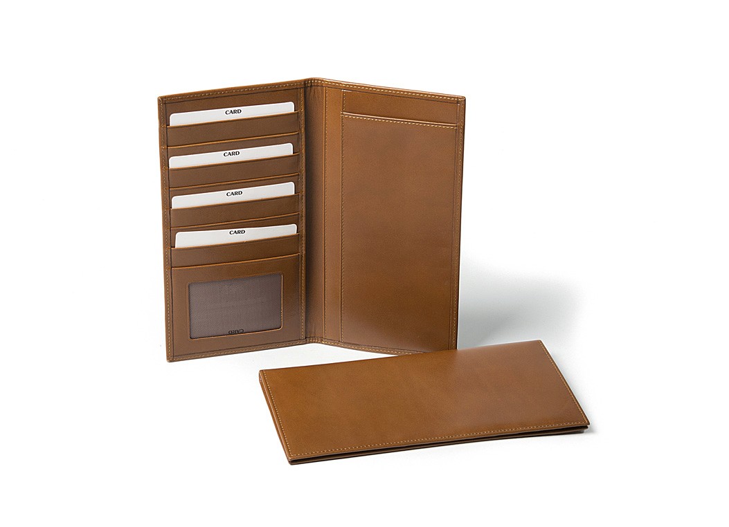 A tan leather long wallet displayed standing open next to a closed one lying flat, showing the interior layout.