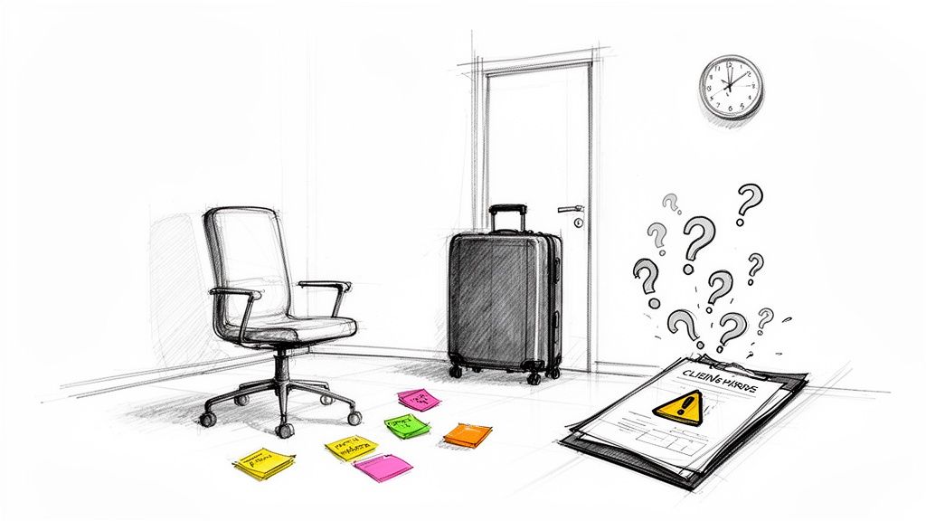 Sketch of an office with a suitcase, chair, clipboard with a warning, and many question marks suggesting uncertainty.