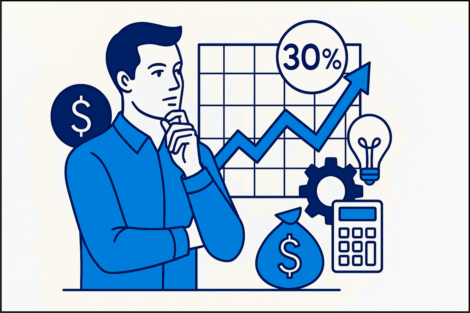 Illustration of a man in front of a rising graph, 30% symbol, money bag, calculator, and lightbulb. Business growth, financial analytics, and innovation concept.
