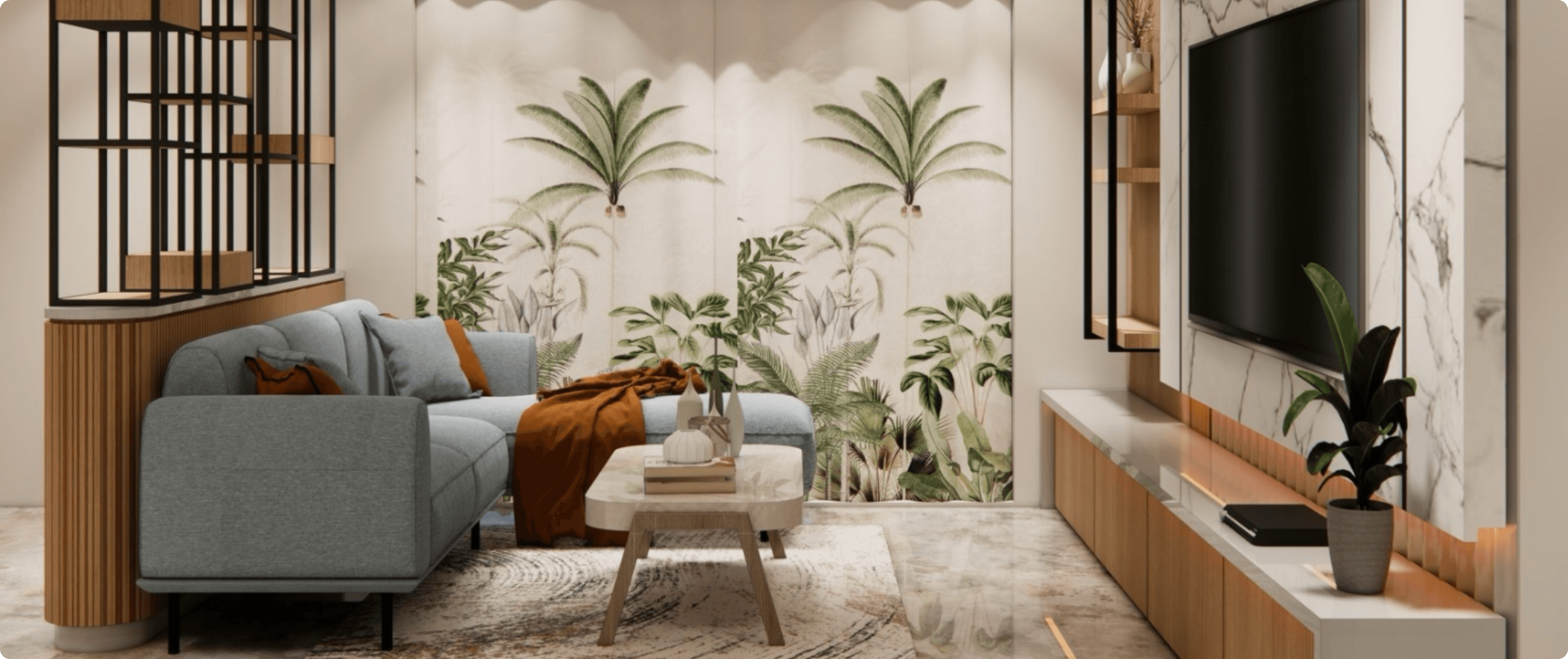 A 3 BHK Apartment design and visualization of a living room of the project called bloom. 