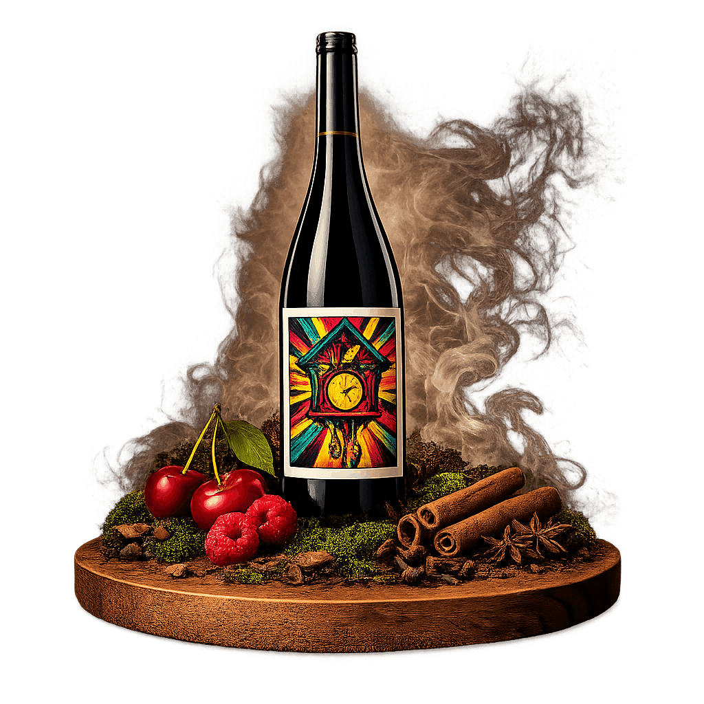 Artistic label and flavor profile for German Spätburgunder on a rustic wooden table.