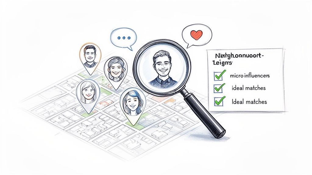 An illustration of a map with person-shaped location pins, a magnifying glass finding ideal matches, and a checklist for micro-influencers.