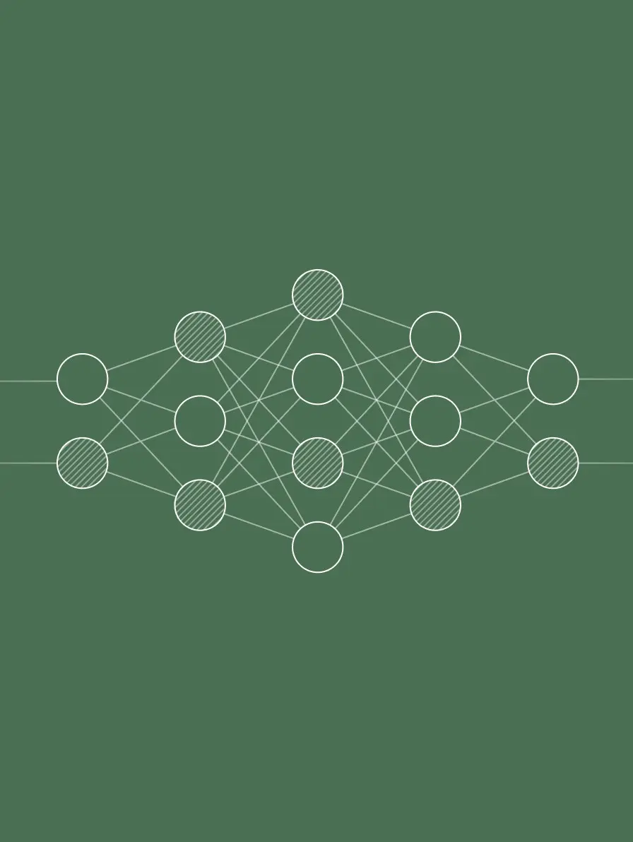 Neural network diagram with striped and empty nodes