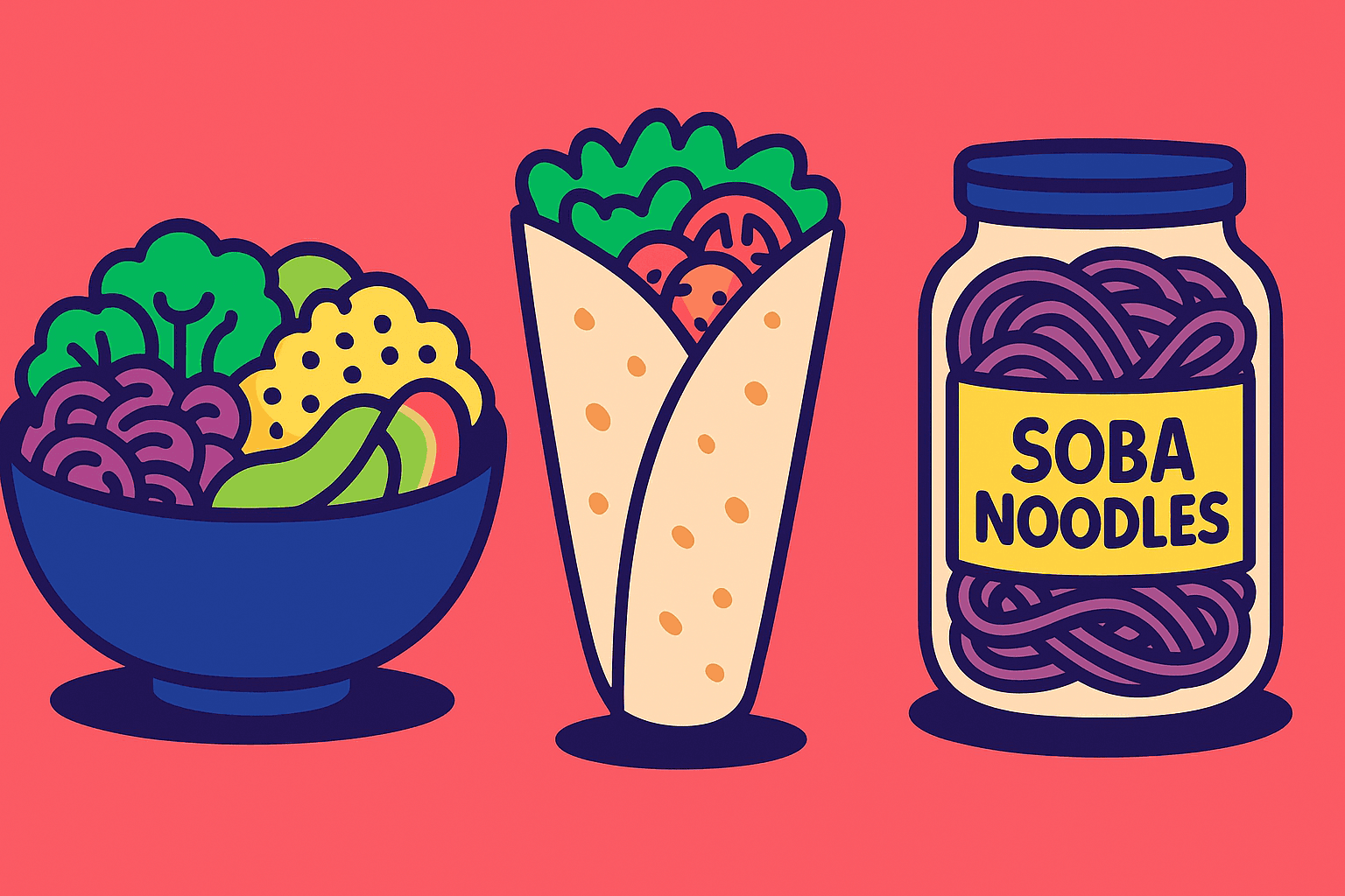 An image with a buddha bowl, a wrap and a jar with soba noodles in vector style