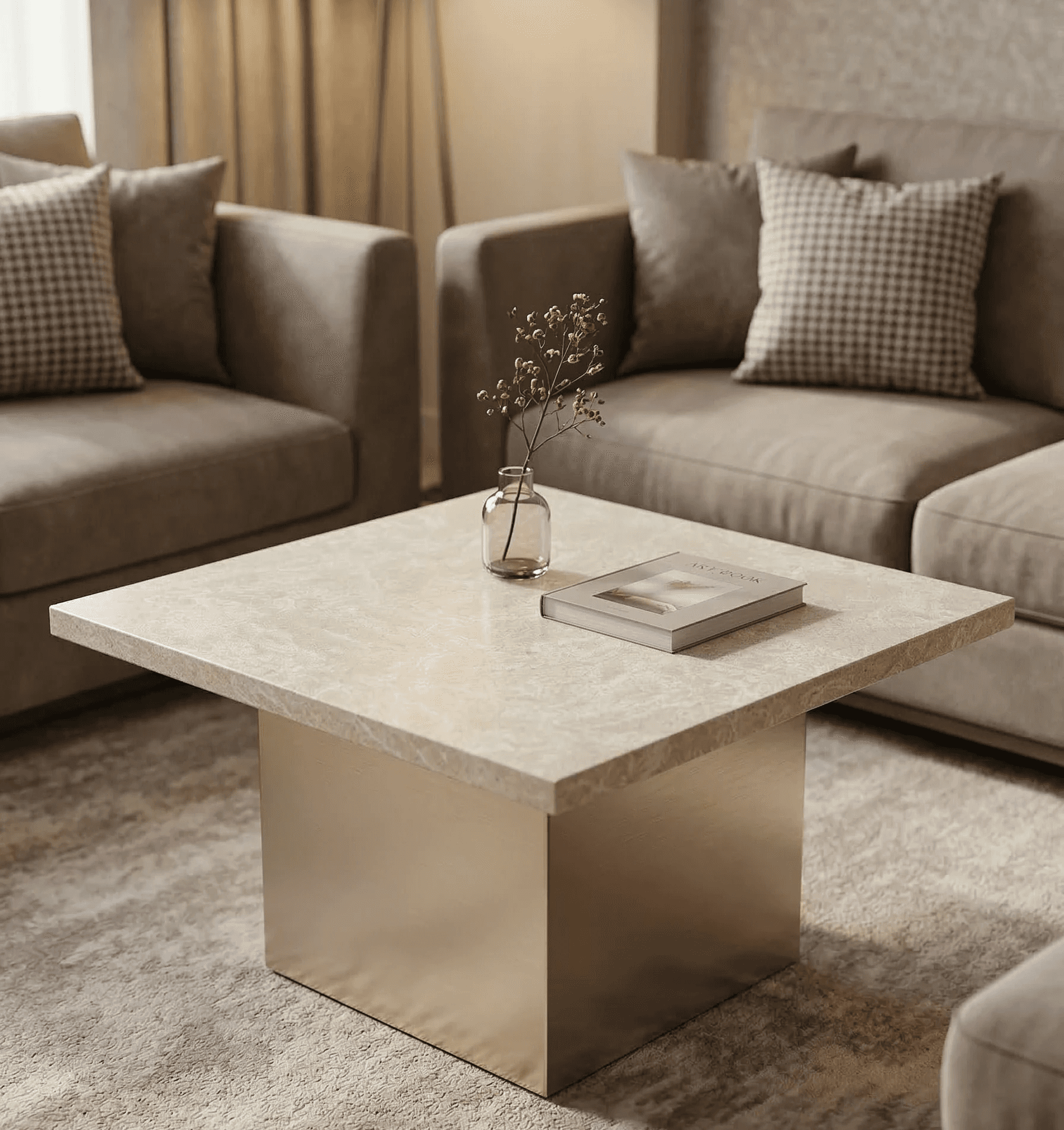a coffee table with recycled stone top in a hotel room