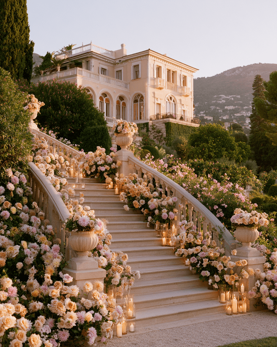 Grand garden staircase decorated with cascading pastel flowers