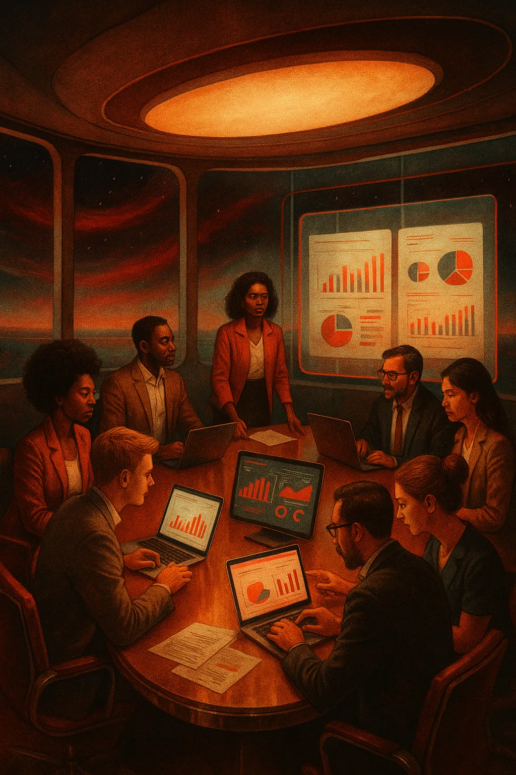 Meeting at RockN' Socials: Digital Marketing Agency team analyzes graphs.