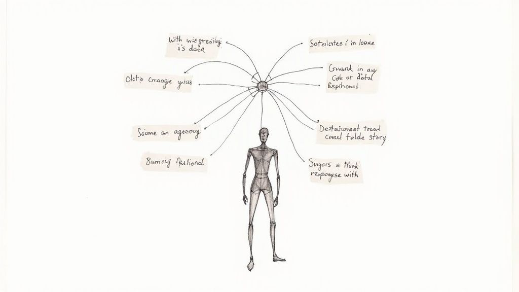 A person using a mind map to connect data points and form a human-like persona.