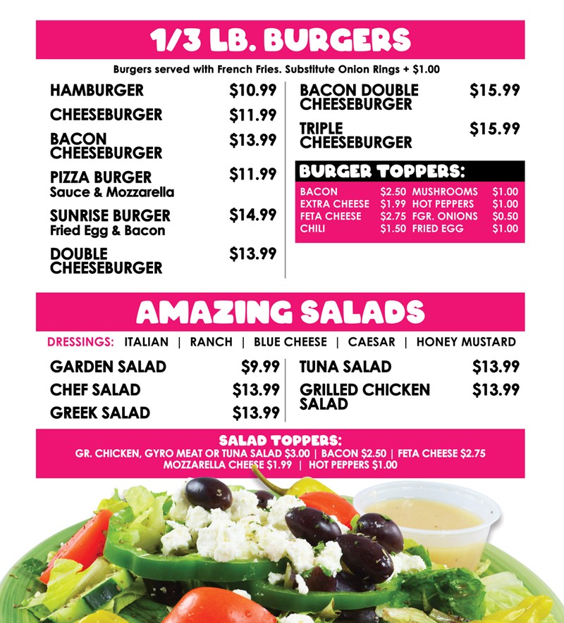 1/3 lb burgers from cheeseburger to triple cheeseburger and bacon cheeseburger, fresh salads like the famous Greek and chef salad, sandwiches and baskets including buffalo chicken, BLT, club sandwich, gyro pita, calzones, and strombolis in Virginia Beach, VA