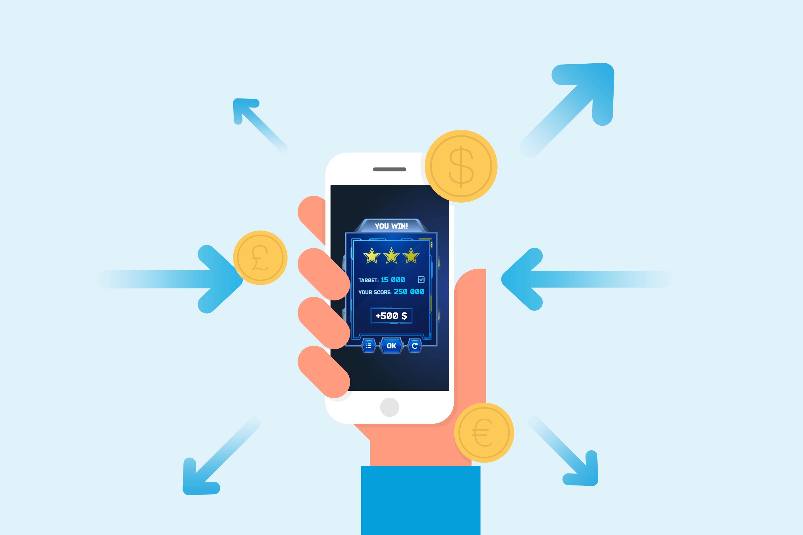 Illustration of a hand holding a smartphone showing a reward interface with gold coins and arrows pointing outward.