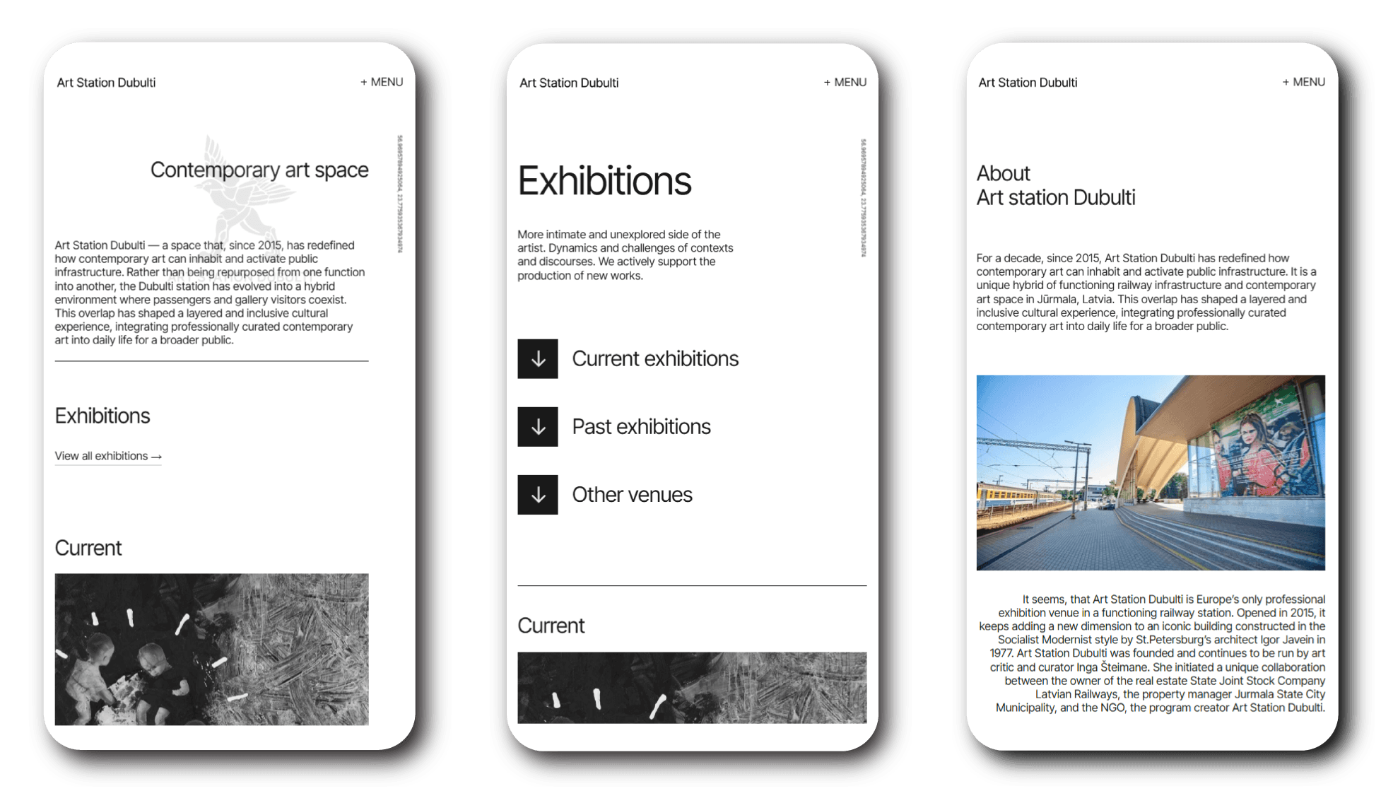 Mākslas stacija Dubulti mājas lapas mobilā versija ar sākumlapu, izstāžu sadaļu un par mums lapu