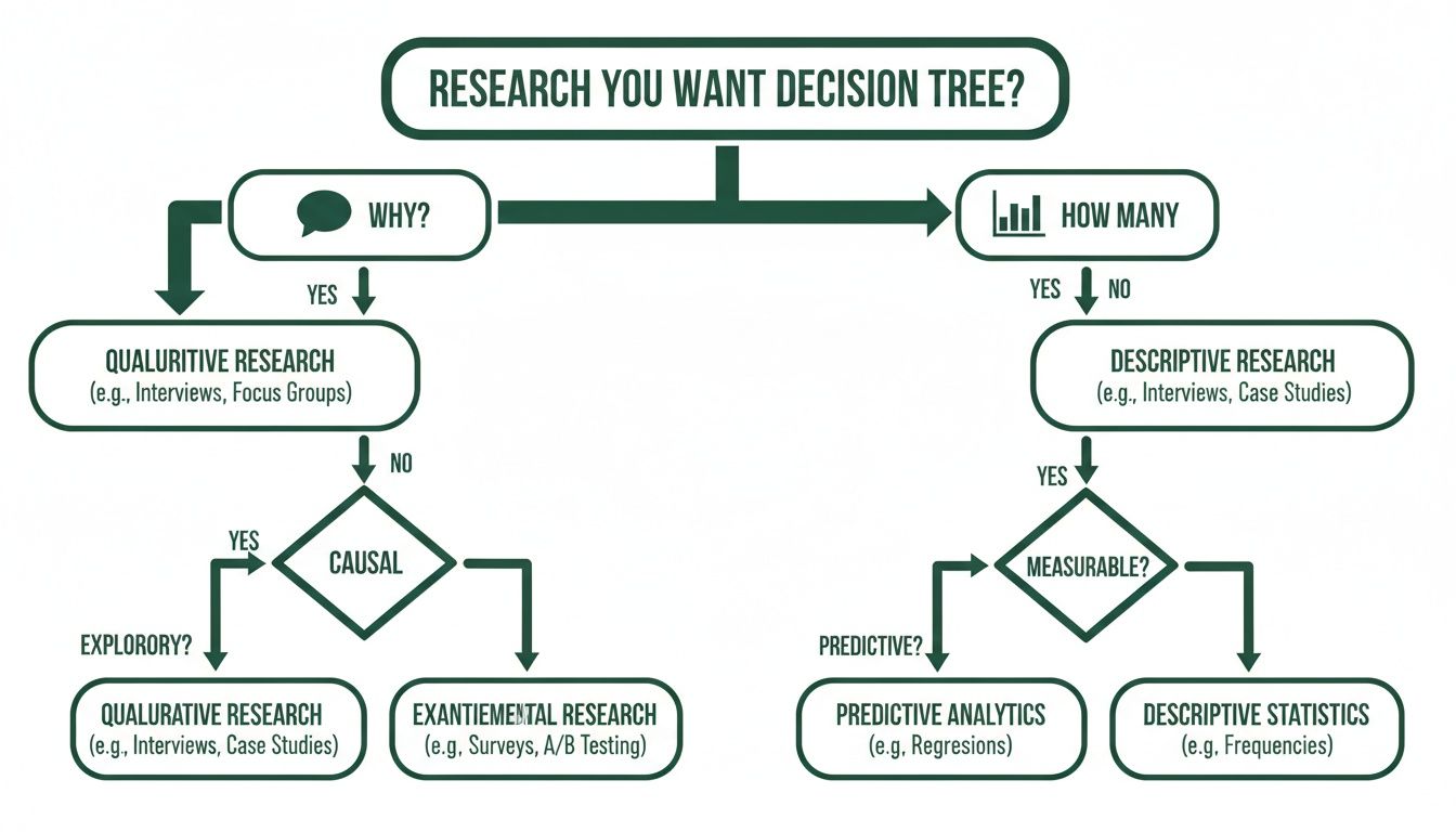 A research decision tree guiding selection of qualitative, quantitative, experimental, descriptive, and predictive research methods.