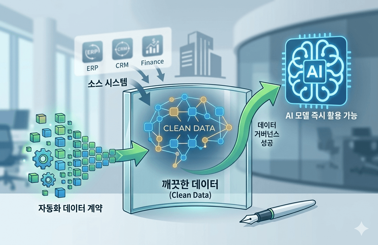 Diagram showing messy data blocks filtered into a clean brain-shaped network ready for AI modeling.