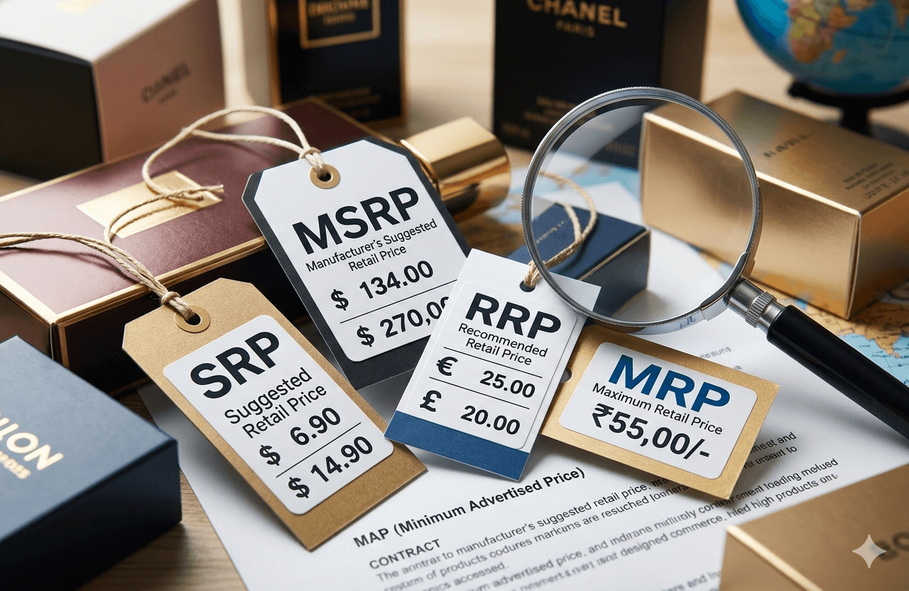 A magnifying glass and pricing tags labeled MSRP, SRP, RRP, MAP, and MRP on global e-commerce goods.