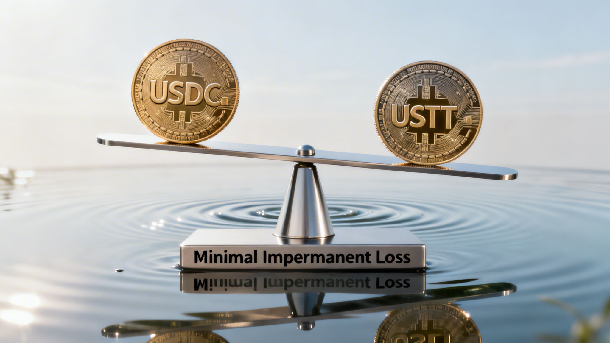 Golden USDC and USTT crypto coins on a balance scale above water, illustrating minimal impermanent loss.