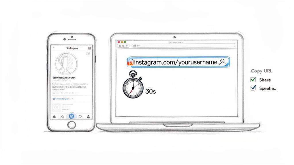 A sketch illustrating a smartphone with the Instagram app and a laptop showing an Instagram profile URL.