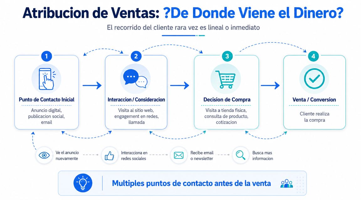Diagrama del recorrido del cliente que ilustra las distintas etapas de atribución de ventas antes de la compra.
