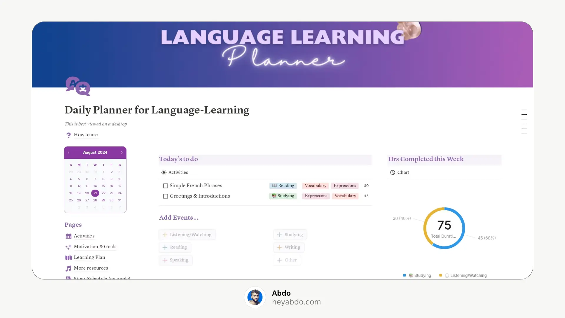 aesthetic notion Language Learning Planner