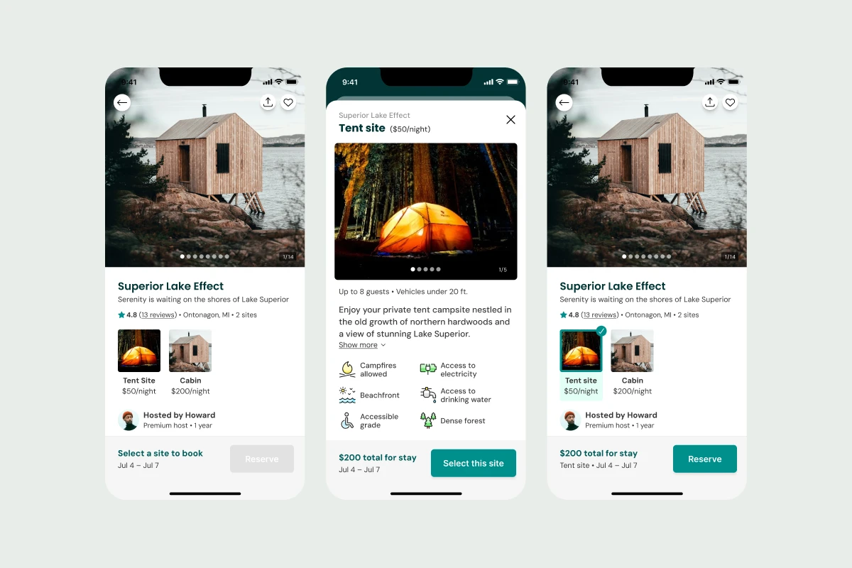 Three mobile app screenshots show a listing for "Superior Lake Effect." Features include a cabin and tent site options, pricing, ratings, and amenities like campfires and beachfront access.