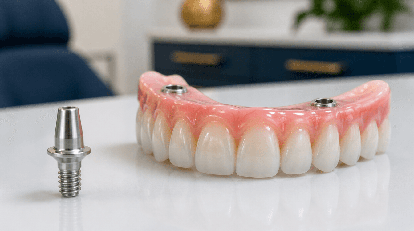 A close-up of an implant-supported denture appliance with a single titanium implant abutment, showing the precision connection mechanism