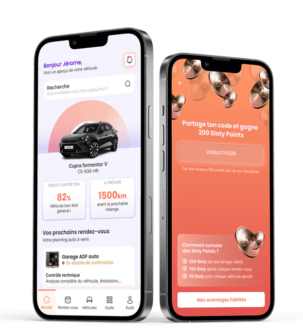 Application Sloty affichant le suivi d’entretien d’un véhicule, les échéances et les rendez-vous auto - liste d'attente