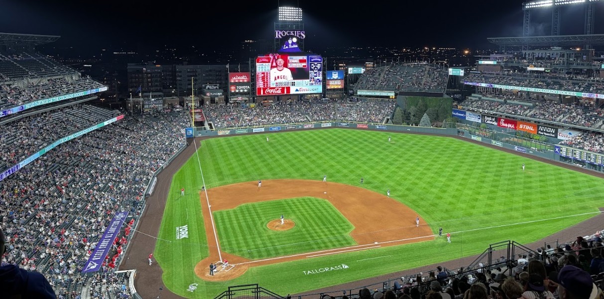 Coors Field as viewed from the upper deck during a night game.