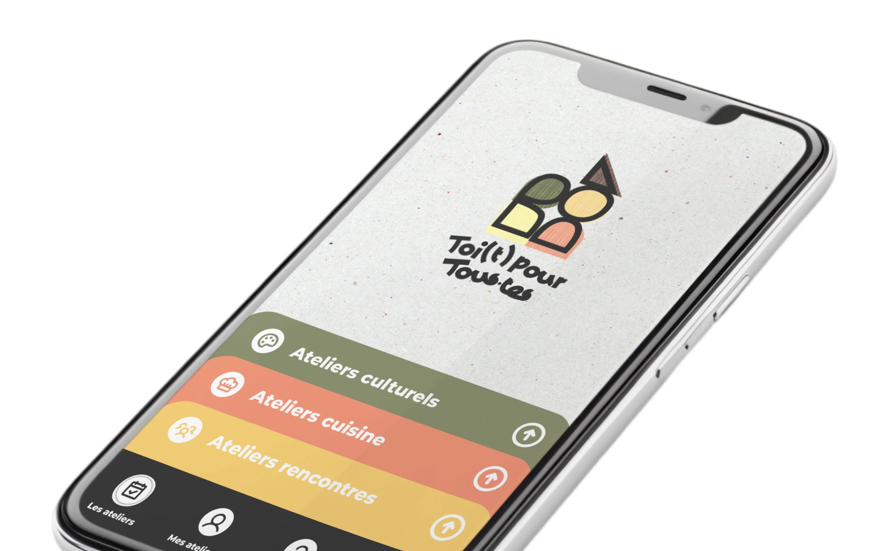 Vue d'écran d'un smartphone présentant le menu des ateliers culturels et cuisine du projet Toi(t) pour tous.tes.