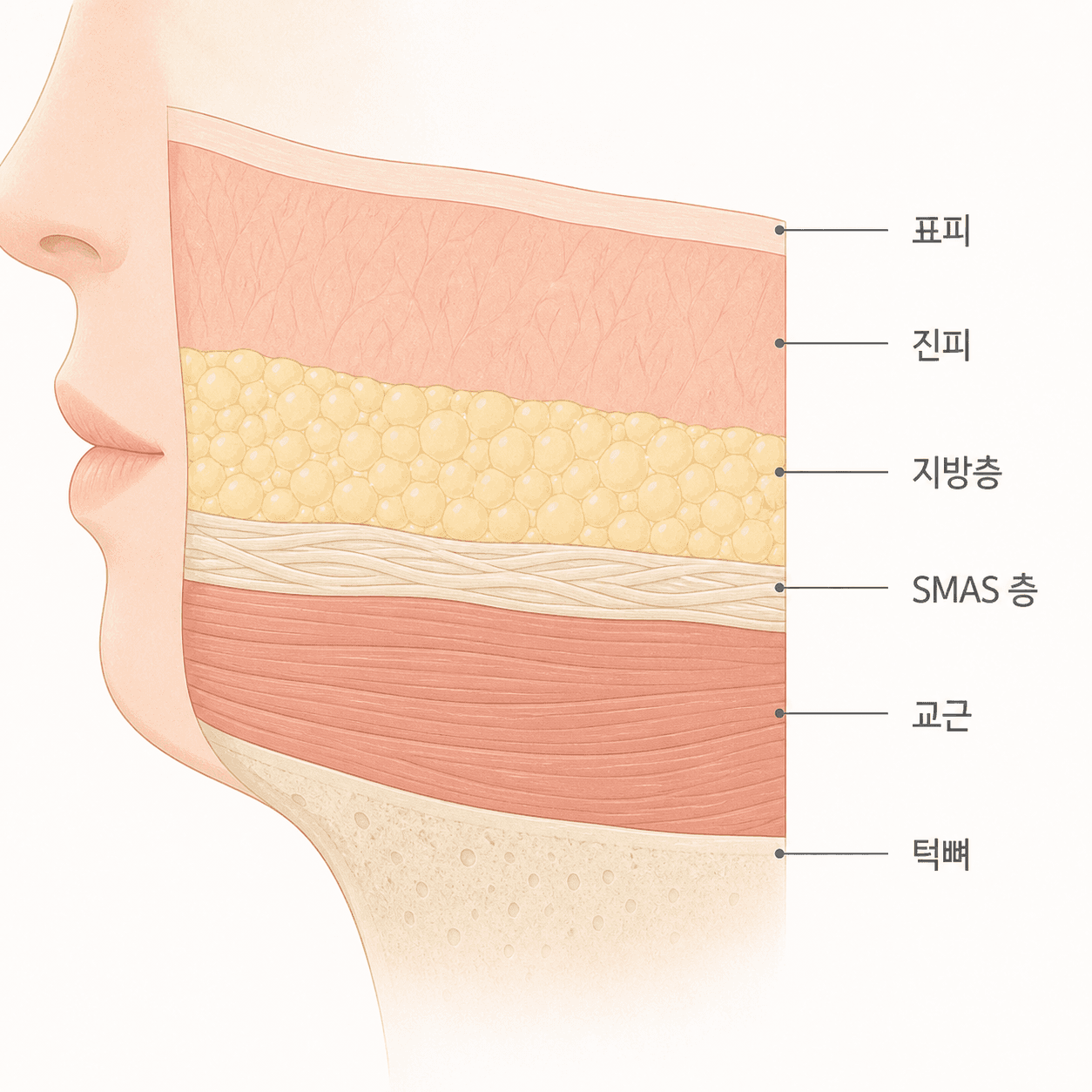 표면부터 SMAS 층과 교근까지 층이 나뉘는 모습