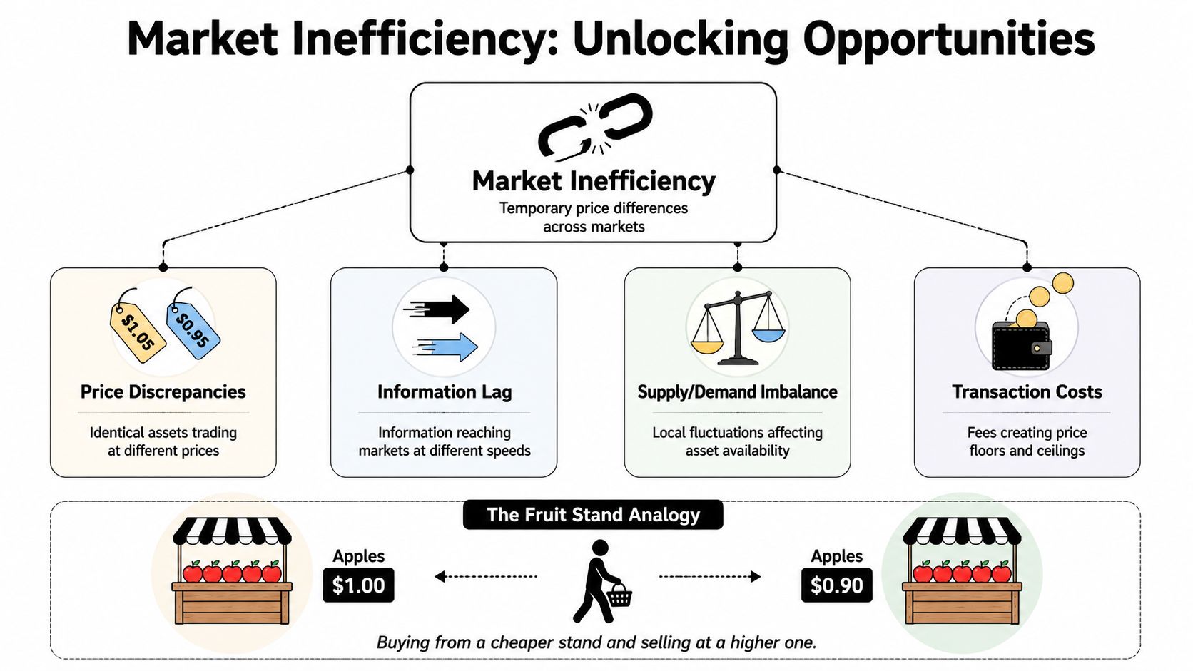 An infographic explaining market inefficiency through price discrepancies, information lag, supply imbalances, and transaction costs.