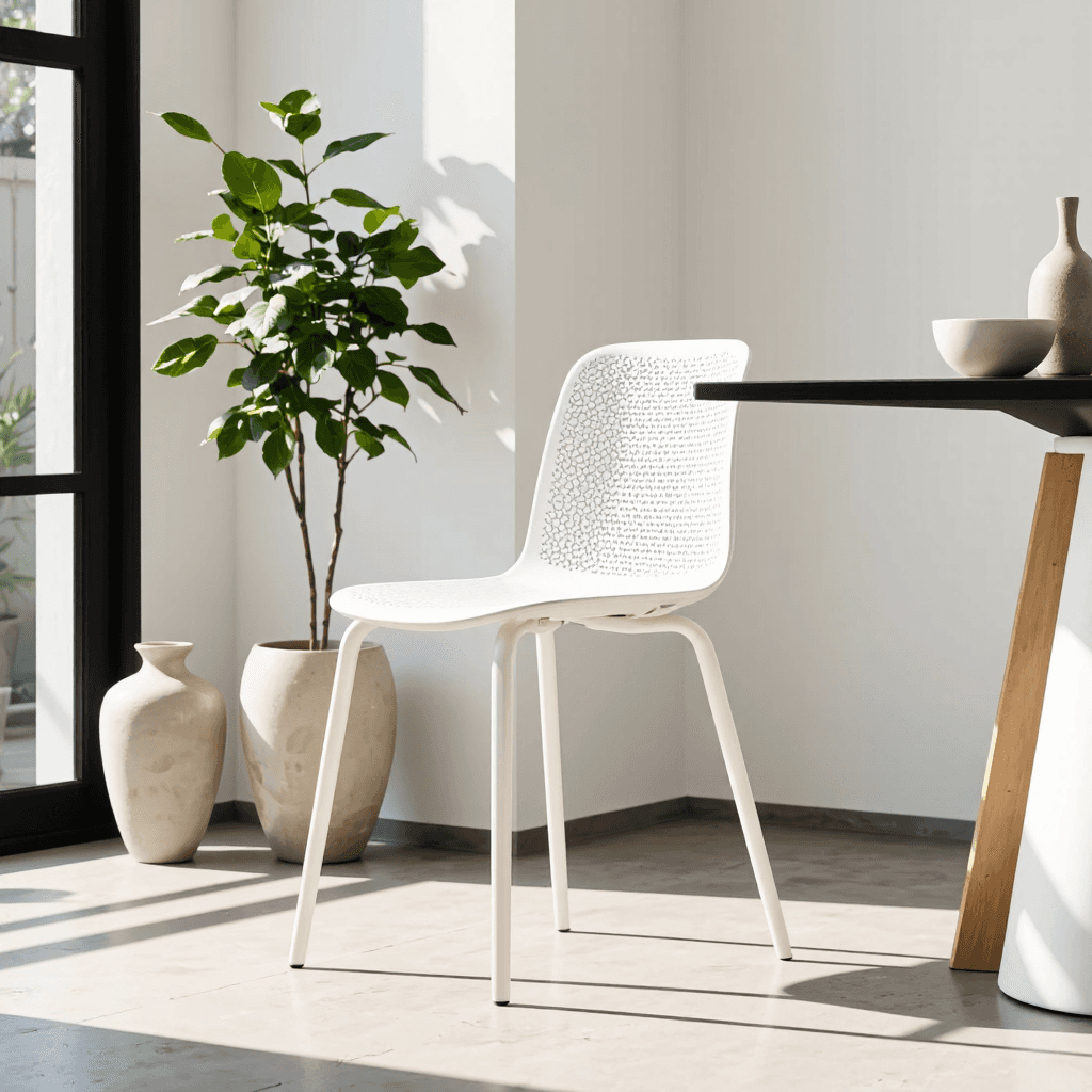 product photography of a metal dining chair, suitable for indoor and outdoor use, featuring a minimalist design