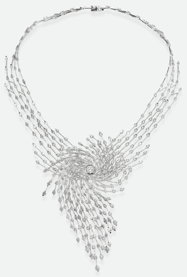 Shaun Leane bespoke Storm necklace in white gold, featuring a dynamic swirling vortex design entirely set with brilliant-cut white diamonds.