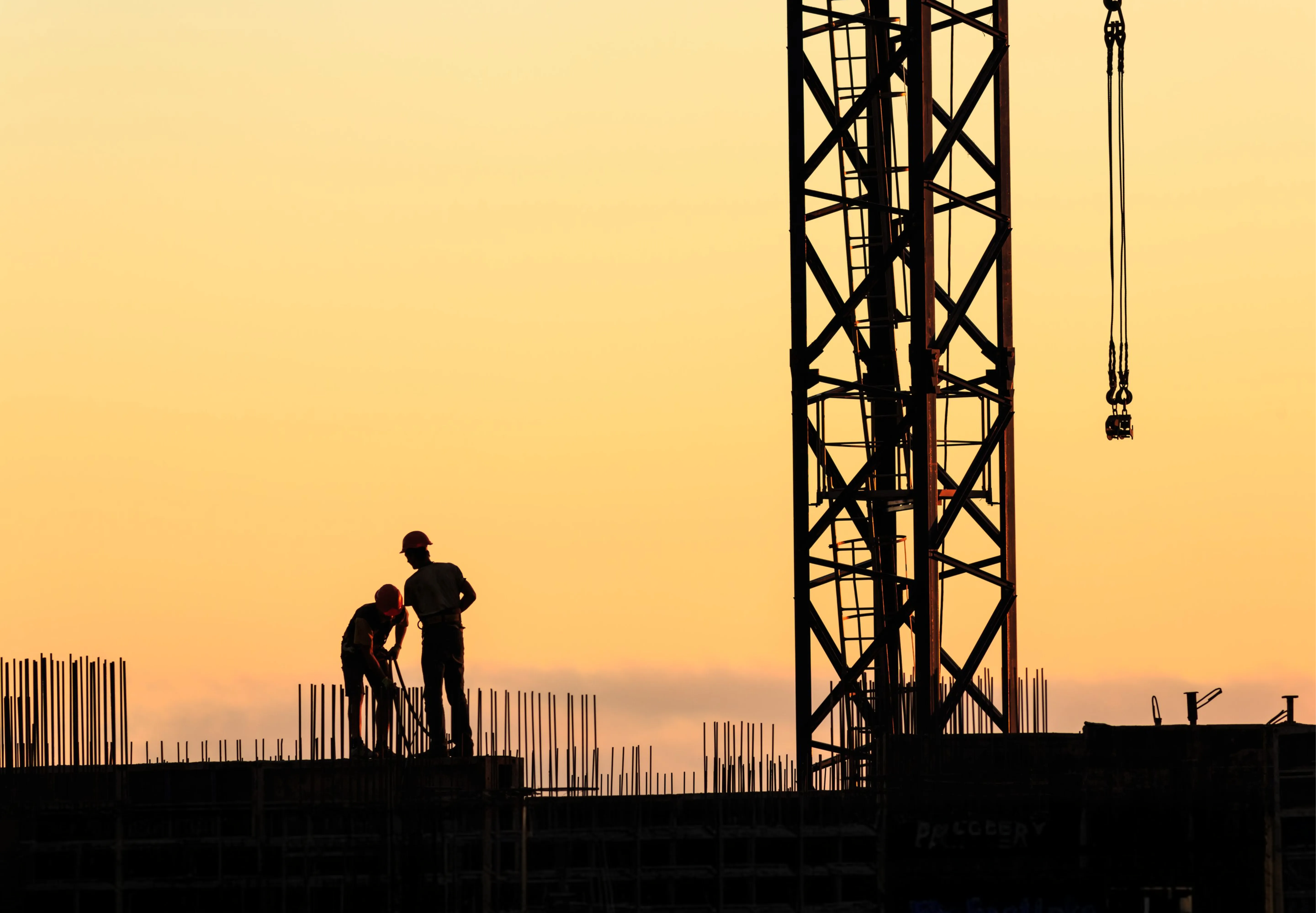 Silhouettes of two construction workers on a structural frame next to a large crane tower during sunset.