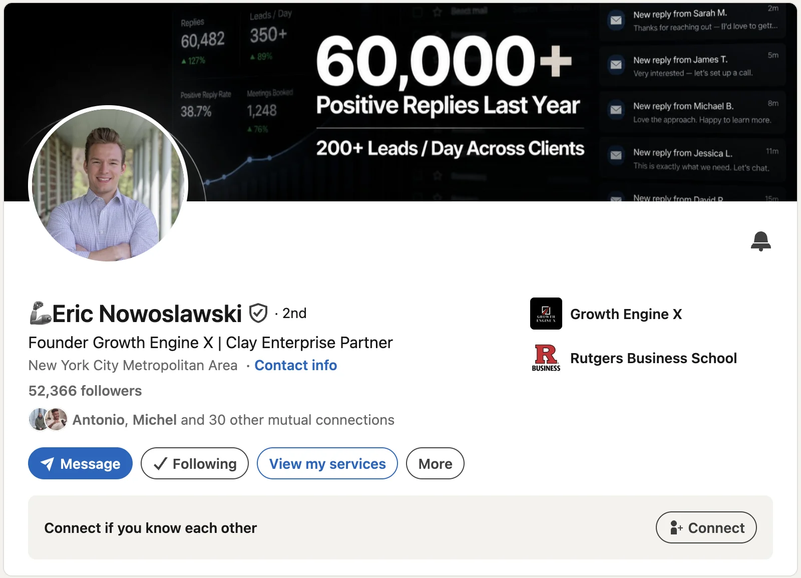 LinkedIn profile: Eric Nowoslawski, founder of Growth Engine X