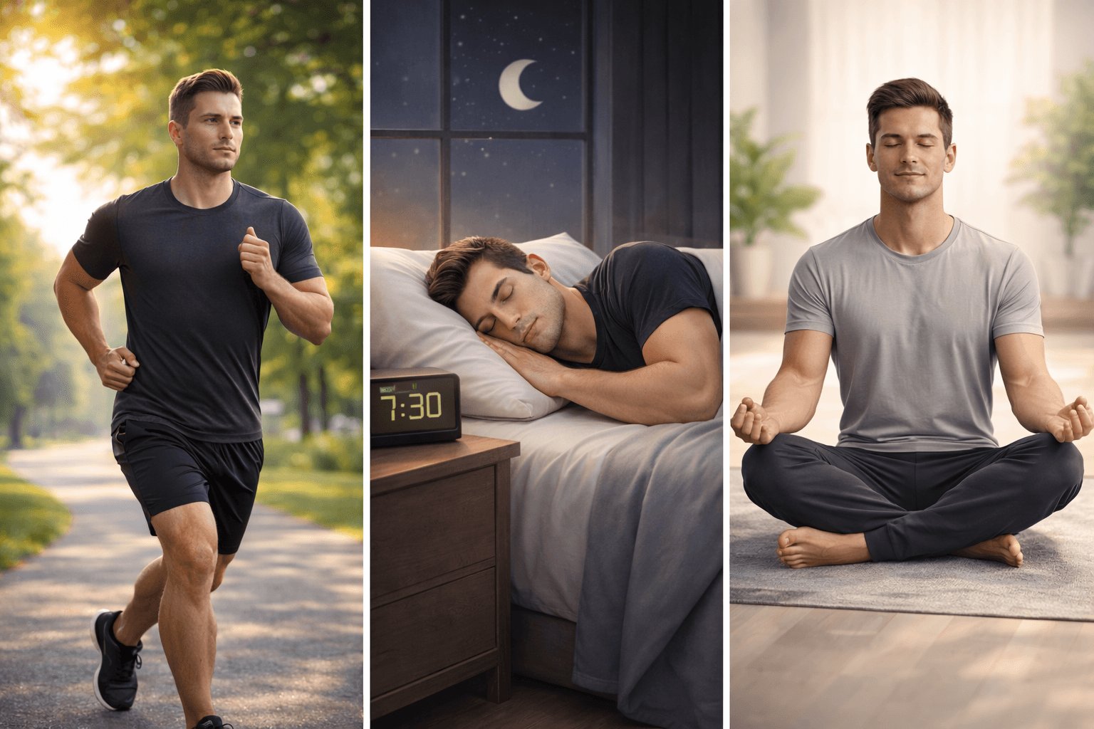 A three-panel collage of a man showing a healthy daily routine: jogging outdoors in the sun, sleeping soundly in a dark room with a crescent moon visible outside, and practicing seated meditation with his eyes closed.