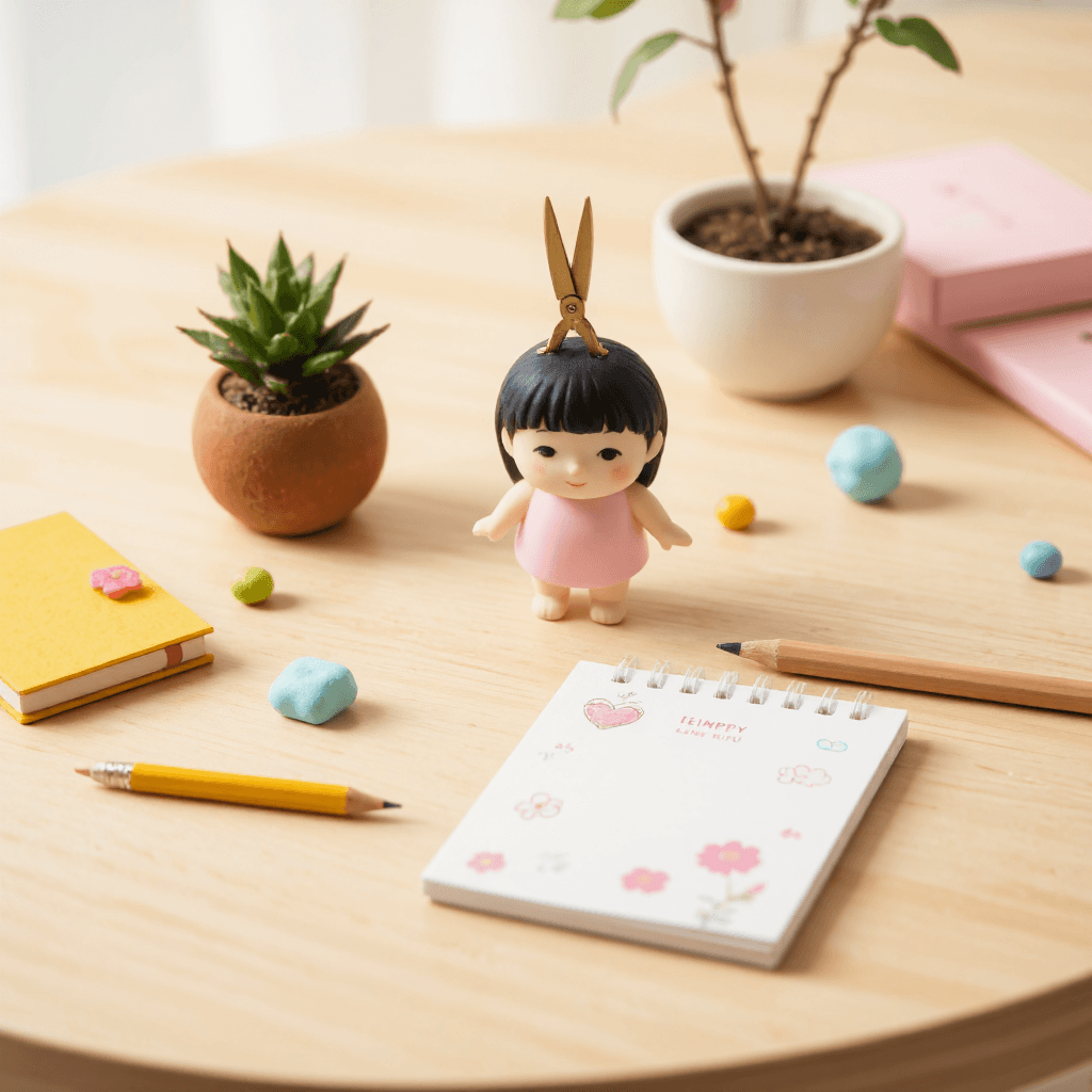 product photography of small figurine with scissors on its head
