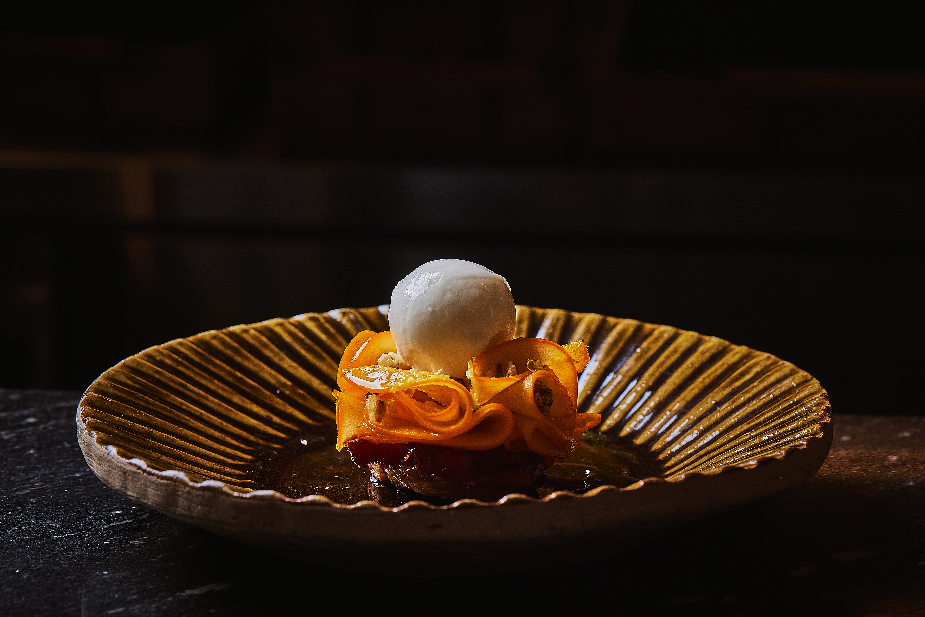 Persimmon Tarte Tatin, Chrysanthemum, Goat's Milk Ice Cream