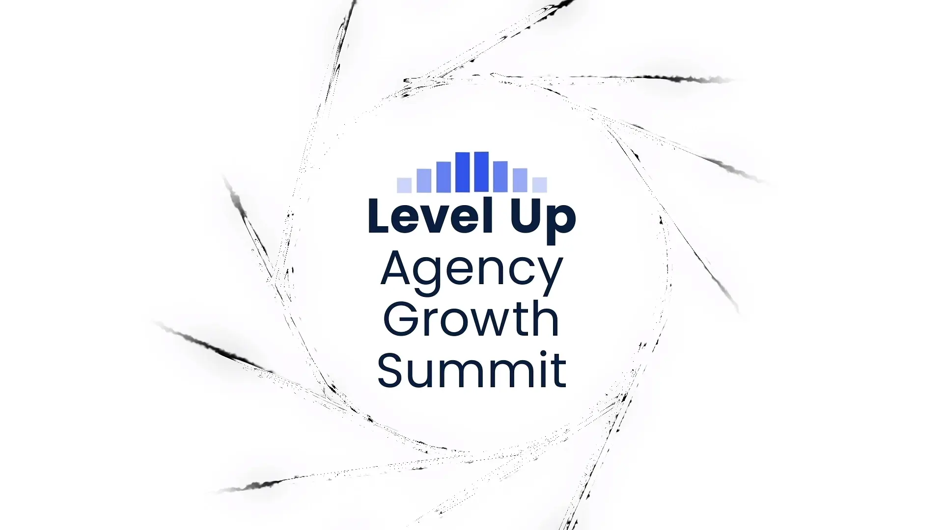 Level Up Agency Growth Summit animated video title card with abstract black brush strokes on a white background