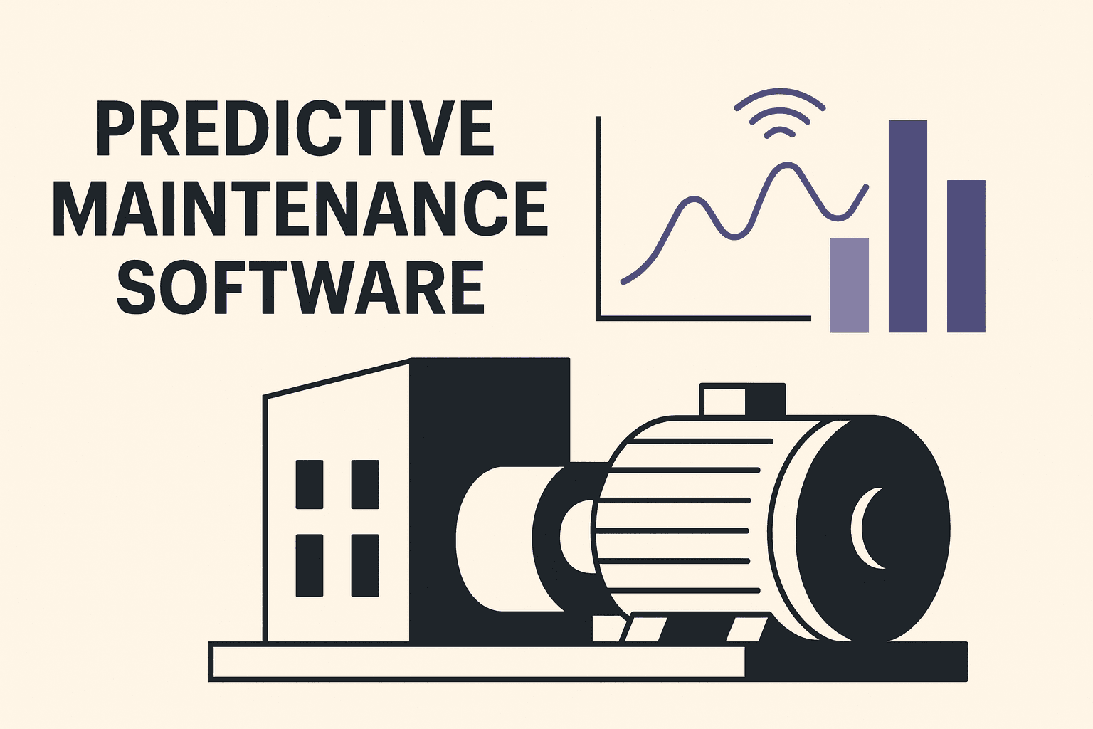 Illustration of an industrial motor with predictive maintenance analytics, showing sensor data and performance charts in Superwonka brand colors.