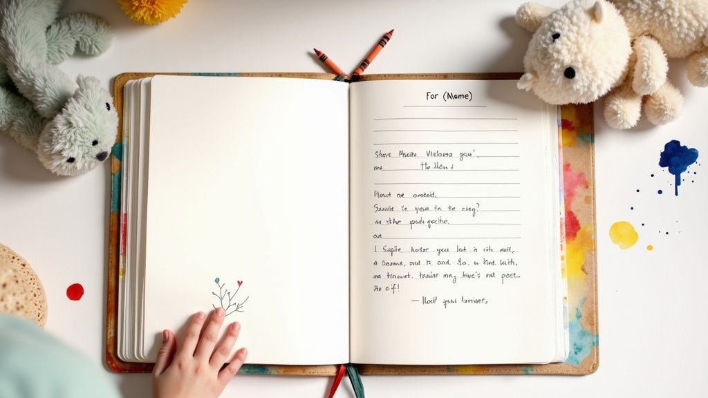 A child's hand touches an open, personalized book with drawings and handwritten text, surrounded by toys.